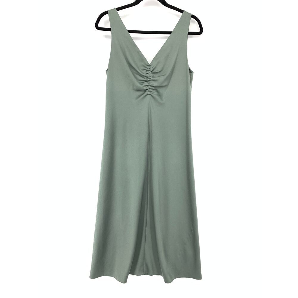 Vince Ruched Front Midi Dress Womens Sz Small Sleeveless Satin Sage Green *READ
